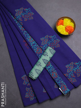 Blue & Green Semi Silk Cotton Saree - Printed