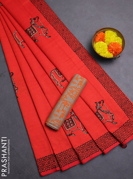 Orange & Beige Semi Silk Cotton Saree - Printed