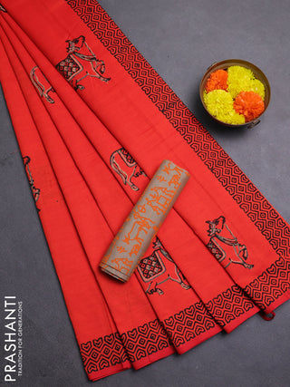 Orange & Beige Semi Silk Cotton Saree - Printed