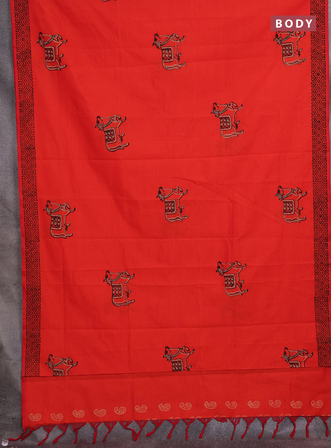 Orange & Beige Semi Silk Cotton Saree - Printed