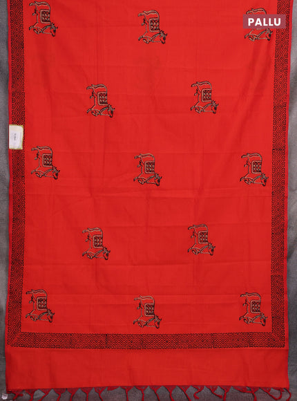 Orange & Beige Semi Silk Cotton Saree - Printed