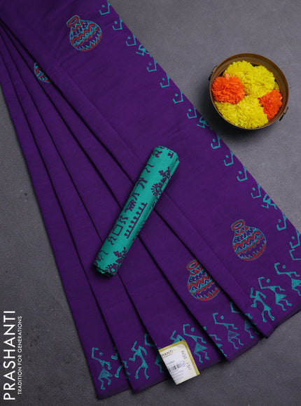 Purple & Teal Green Semi Silk Cotton Saree - Printed