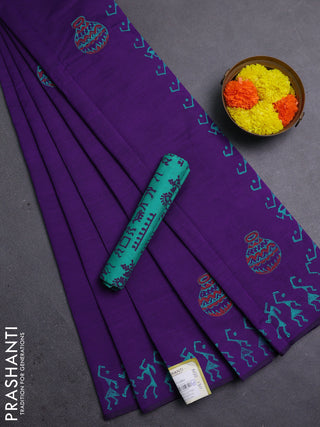 Purple & Teal Green Semi Silk Cotton Saree - Printed