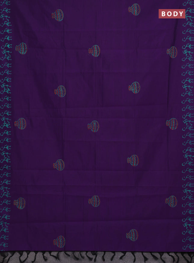 Purple & Teal Green Semi Silk Cotton Saree - Printed