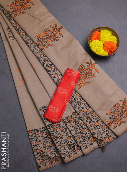 Beige & Orange Semi Silk Cotton Saree - Printed
