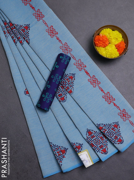 Blue & Navy Blue Semi Silk Cotton Saree - Printed