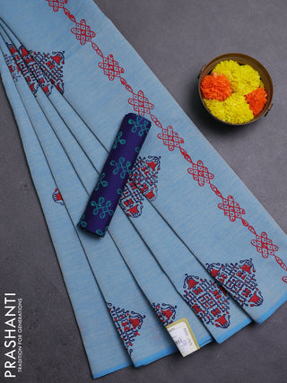Blue & Navy Blue Semi Silk Cotton Saree - Printed