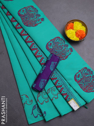 Teal Green & Purple Semi Silk Cotton Saree - Printed