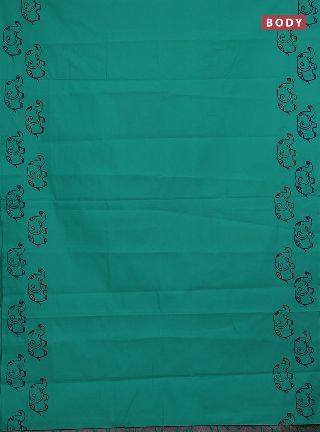 Teal Green & Purple Semi Silk Cotton Saree - Printed