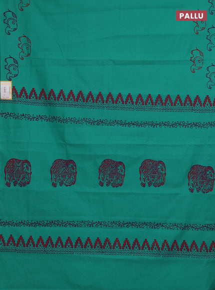 Teal Green & Purple Semi Silk Cotton Saree - Printed