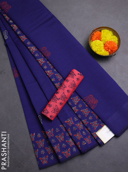 Blue & Peach Semi Silk Cotton Saree - Printed