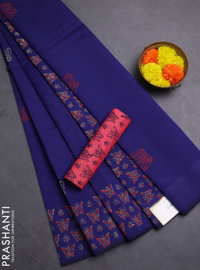 Blue & Peach Semi Silk Cotton Saree - Printed