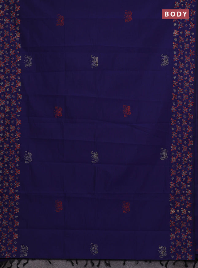 Blue & Peach Semi Silk Cotton Saree - Printed