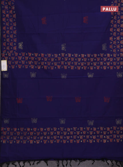 Blue & Peach Semi Silk Cotton Saree - Printed