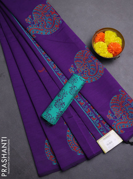 Purple & Teal Green Semi Silk Cotton Saree - Printed