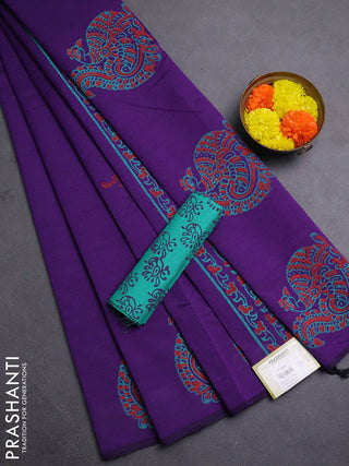 Purple & Teal Green Semi Silk Cotton Saree - Printed