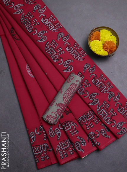 Red & Chiku Semi Silk Cotton Saree - Printed