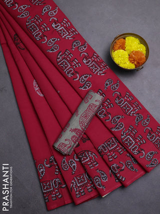 Red & Chiku Semi Silk Cotton Saree - Printed
