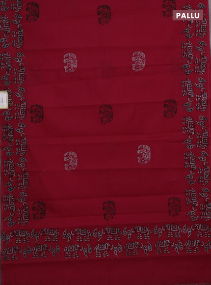 Red & Chiku Semi Silk Cotton Saree - Printed