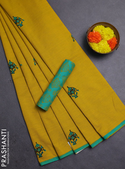 Mustard Yellow & Teal Green Semi Silk Cotton Saree - Printed