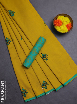 Mustard Yellow & Teal Green Semi Silk Cotton Saree - Printed