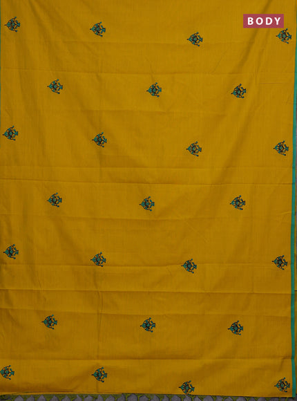 Mustard Yellow & Teal Green Semi Silk Cotton Saree - Printed