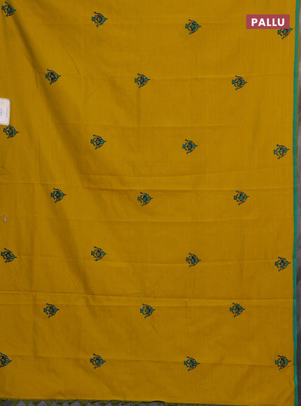 Mustard Yellow & Teal Green Semi Silk Cotton Saree - Printed