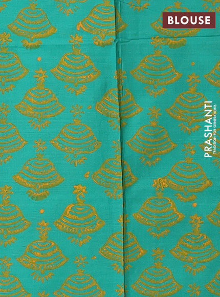Mustard Yellow & Teal Green Semi Silk Cotton Saree - Printed