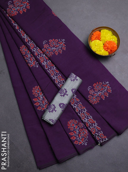 Purple & Grey Semi Silk Cotton Saree - Printed
