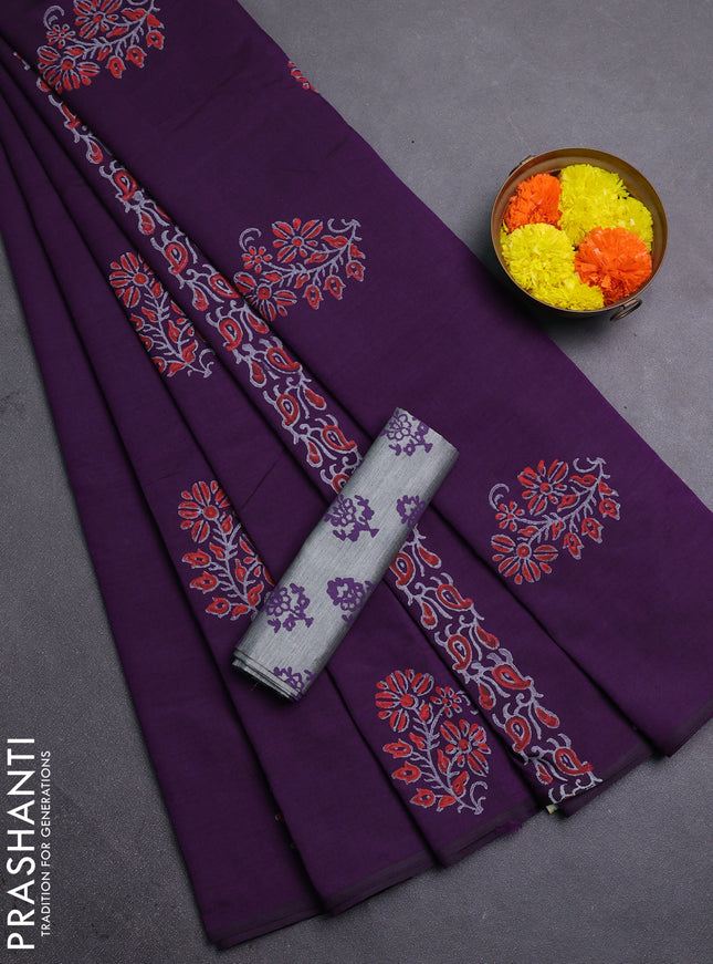 Purple & Grey Semi Silk Cotton Saree - Printed