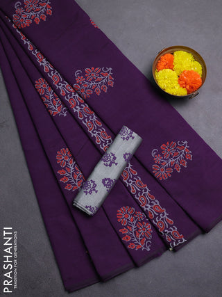Purple & Grey Semi Silk Cotton Saree - Printed