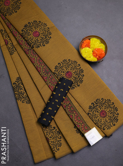 Mustard Yellow & Black Semi Silk Cotton Saree - Printed