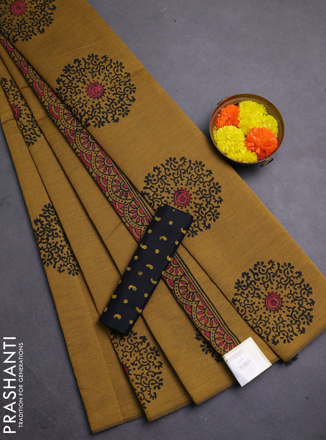 Mustard Yellow & Black Semi Silk Cotton Saree - Printed