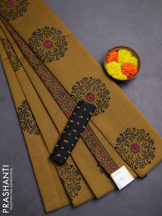 Mustard Yellow & Black Semi Silk Cotton Saree - Printed