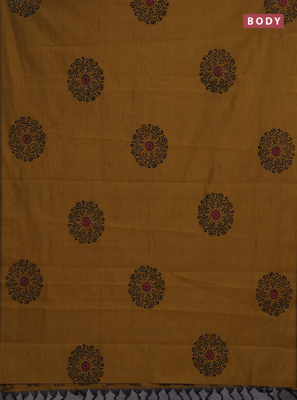 Mustard Yellow & Black Semi Silk Cotton Saree - Printed