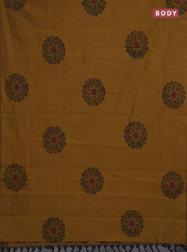 Mustard Yellow & Black Semi Silk Cotton Saree - Printed