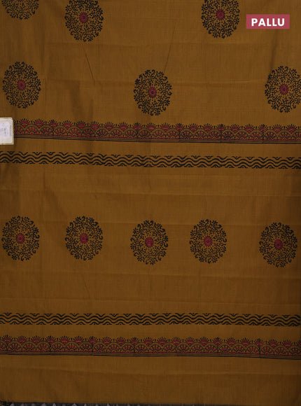 Mustard Yellow & Black Semi Silk Cotton Saree - Printed