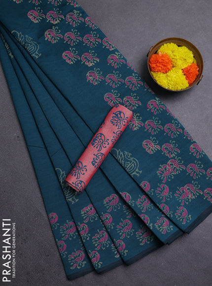 Peacock Green & Peach Semi Silk Cotton Saree - Printed