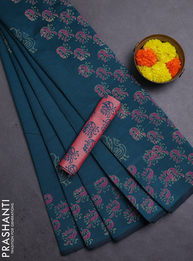 Peacock Green & Peach Semi Silk Cotton Saree - Printed
