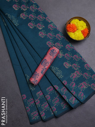 Peacock Green & Peach Semi Silk Cotton Saree - Printed