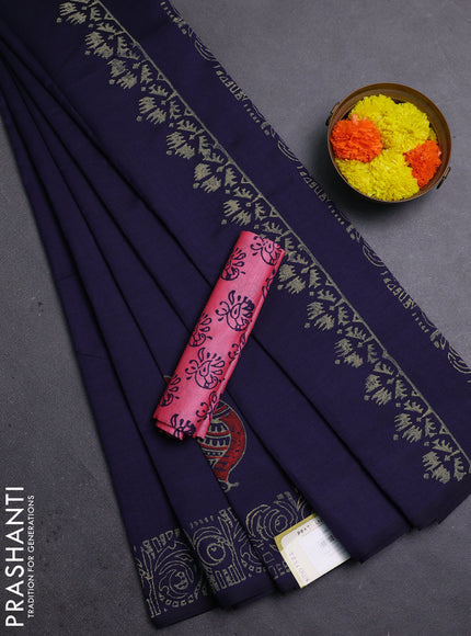 Navy Blue & Pink Semi Silk Cotton Saree - Printed
