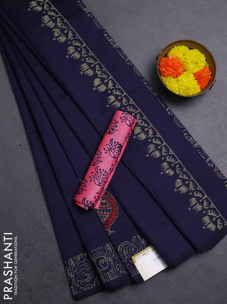 Navy Blue & Pink Semi Silk Cotton Saree - Printed
