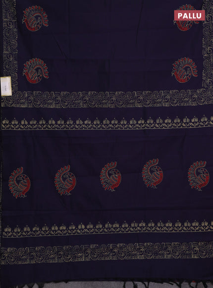 Navy Blue & Pink Semi Silk Cotton Saree - Printed