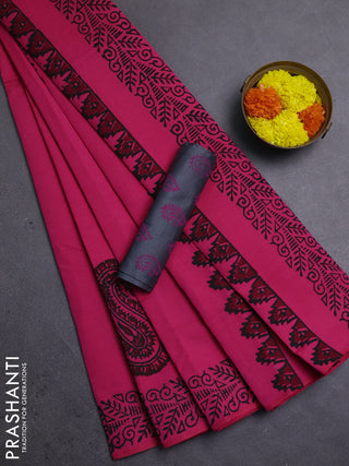 Pink & Grey Semi Silk Cotton Saree - Printed