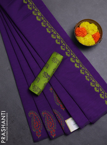 Purple & Green Semi Silk Cotton Saree - Printed