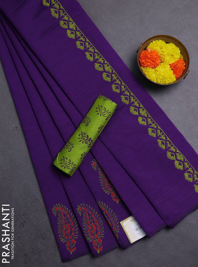 Purple & Green Semi Silk Cotton Saree - Printed