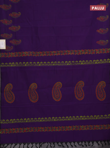 Purple & Green Semi Silk Cotton Saree - Printed