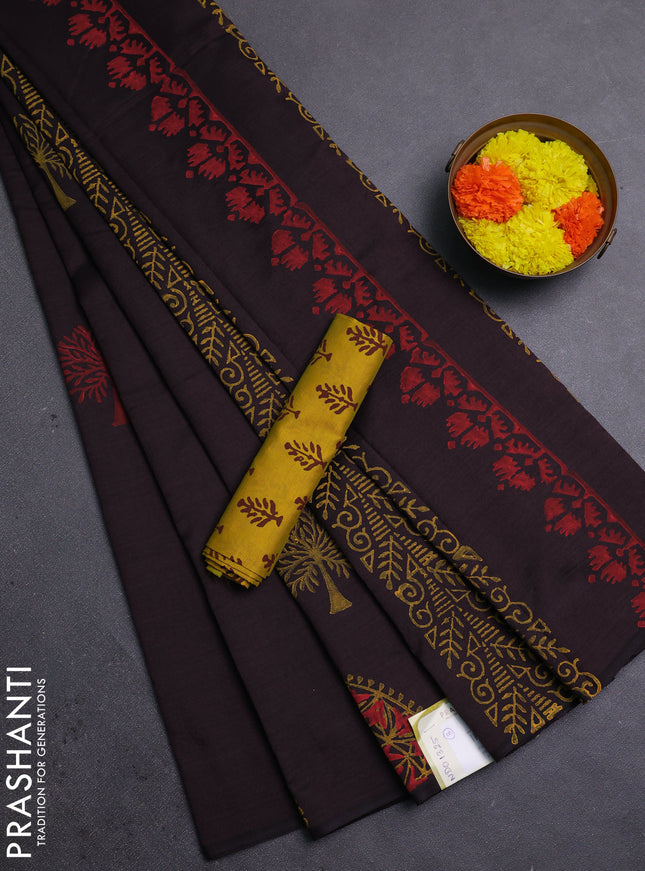 Coffee Brown & Mustard Yellow Semi Silk Cotton Saree - Printed