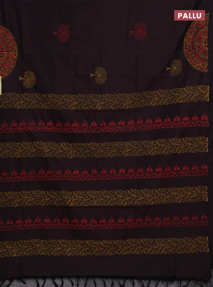 Coffee Brown & Mustard Yellow Semi Silk Cotton Saree - Printed