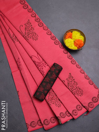 Peach Pink & Coffee Brown Semi Silk Cotton Saree - Printed
